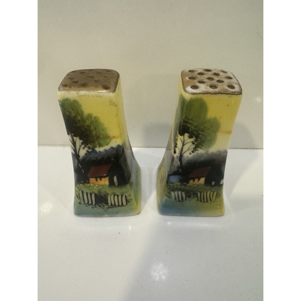 Vintage Yellow House Landscape Tree Hand Painted Salt and Pepper Shakers, Japan